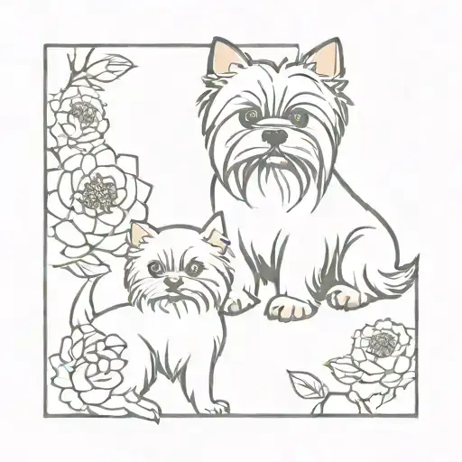 Yorkshire Terrier With British Fold Cat In Peony Flowers