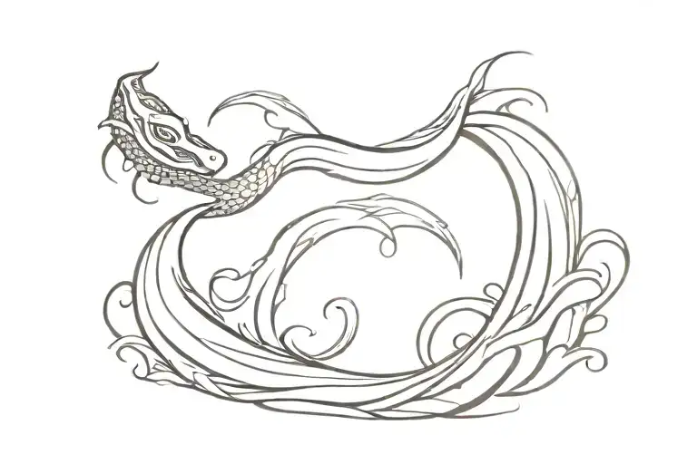 An Abstract Minimalist Tattoo Of A Sea Serpent Emerging From The Waves