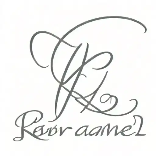 The Name Karamel Written In Cursive With Dice Hanginging From The Letter K