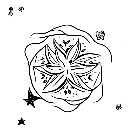 Half Moon With Four Leaf Cover And Stars