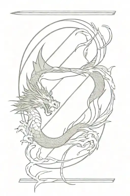 Katana And Dragon Behind