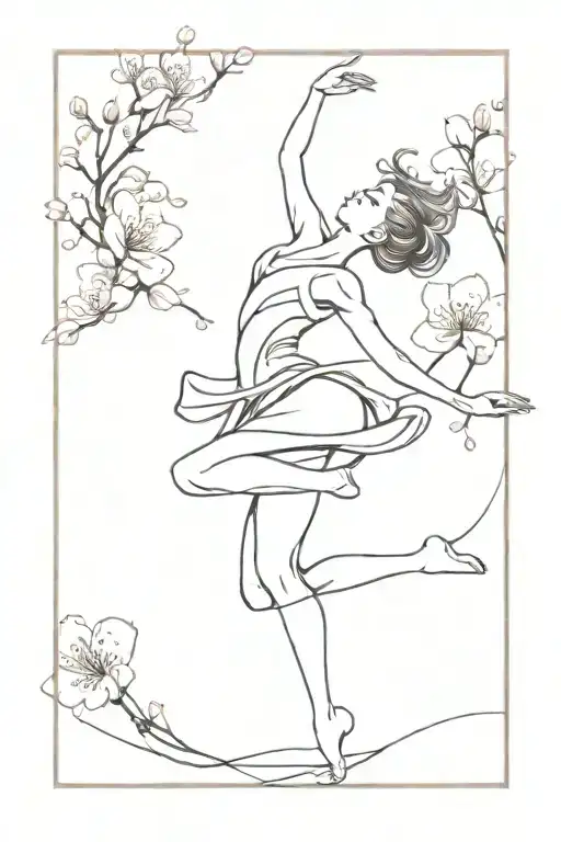 Create An Abstract Tattoo Of A Dancer In Motion With Cherry Blossom Petals Swirling Around Them