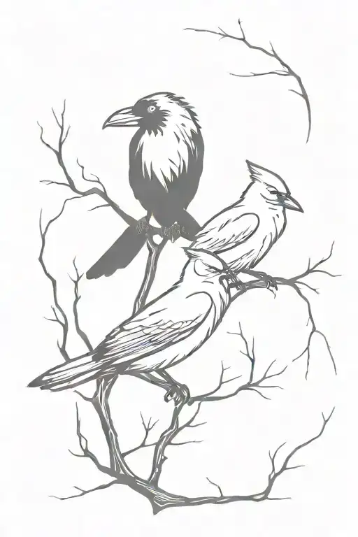 A Crow Perched On A Branch Over A Sitten Fox Looking Each Others