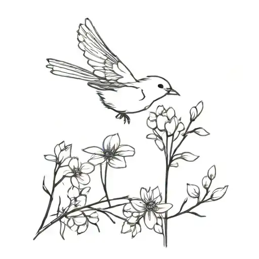 Wildflower And Sparrow Flying