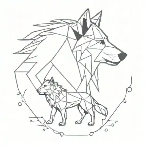 Wolf And Lion Scattered With Geometric Figures And Dotted And Solid Lines