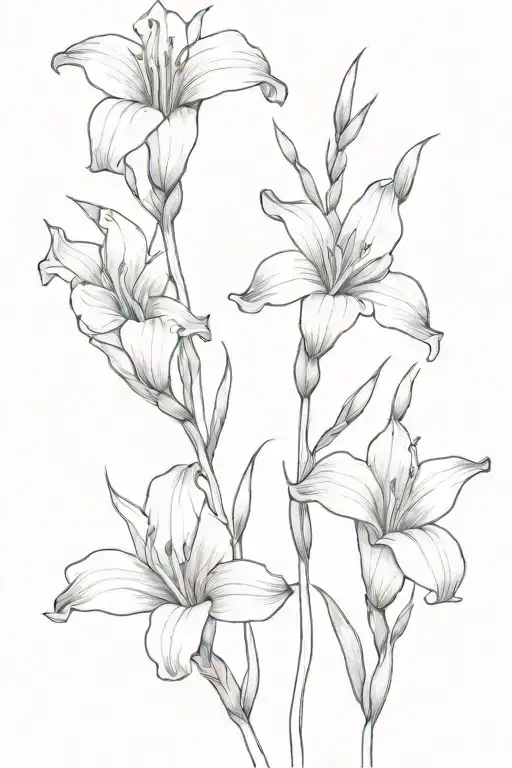 Three Gladiolus Flowers In Fine Line Style With Wispy Lines