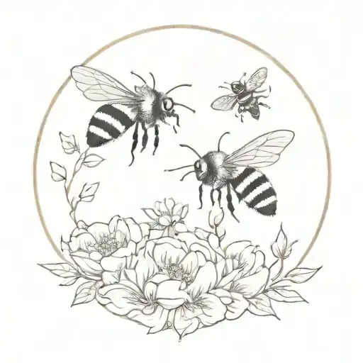 Floral Ivory Circle With Bees Flying