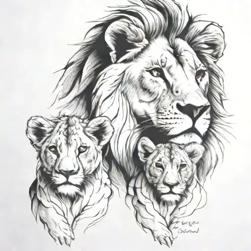 Lion And Two Cubs Face Only