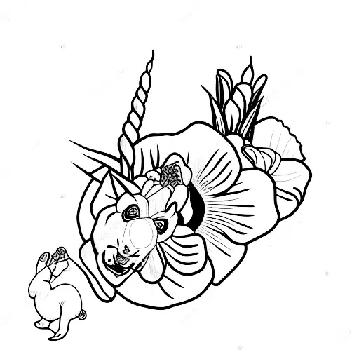 Panda Sitting Holding A Gladiolus And A Convolvulus