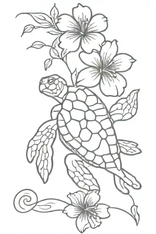 Sea Turtle Waves And Hibiscus Flower