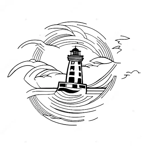 A Fine Line Tattoo Of A Lighthouse With Sunset And Waves