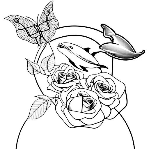 Jumping Dolphin On A Rose Moon With Butterfly