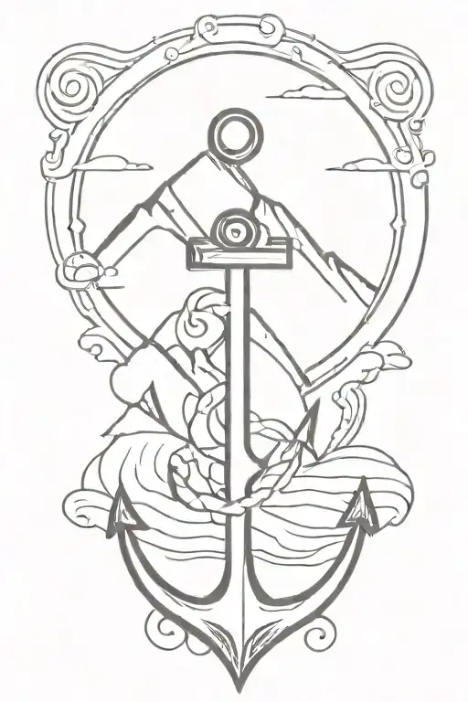 Anchor With Mountains And Waves In The Background