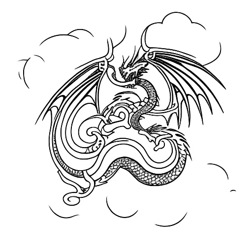 Dragon Wrapped Around Red Sun With Sakura Branches On The Sides