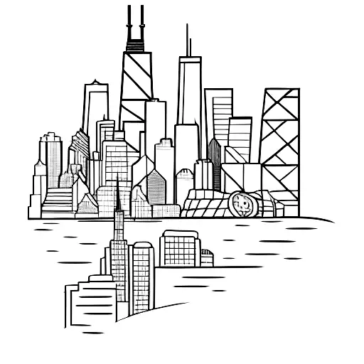 A Minimalist Tattoo Of The Chicago Skyline With A Dog Silhouette In The Foreground