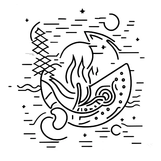 A Minimalist Tattoo Of A Campfire Under A Crescent Moon