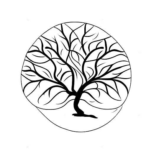 Tree With No Leaves With One Red Flower And Dog Sit Under The Tree