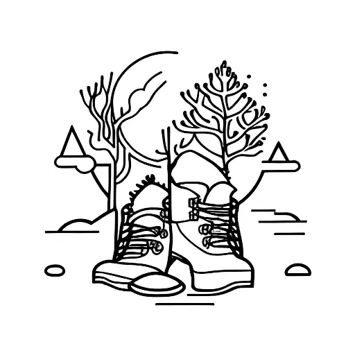 A Minimalist Tattoo Of A Hiking Boot With A Moon And Trees Inside