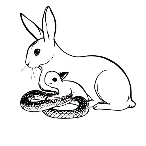 Mother Rabbit Cuddling A Baby Snake And A Baby Rabbit