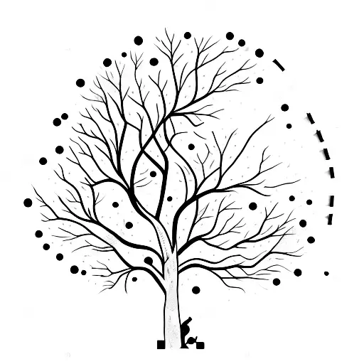 Tree With No Leaves With One Red Flower And Dog