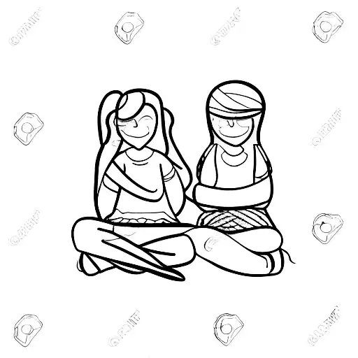 Super Simple Drawing Of A Mom And Daughter Sitting On The Edge Of A Bed Together
