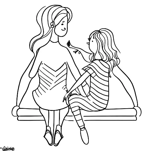 One Line Drawing Of A Mom And Daughter Sitting On The Edge Of A Bed Together