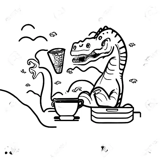 Dinosaur Using Computer And Drinking Coffee