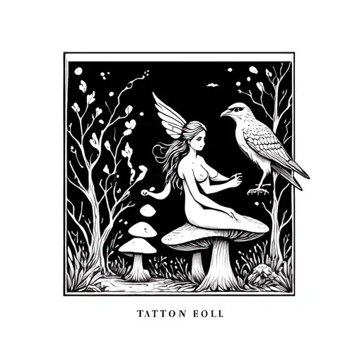 Nude Fairy On A Mushroom Forest Smoking A Pipe While A Falcon Sits By