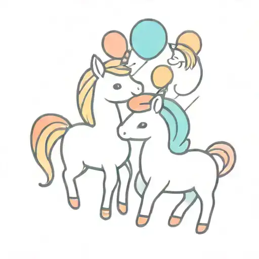 A Minimalist Tattoo Of Baby Unicorns Playing With Colorful Balloons