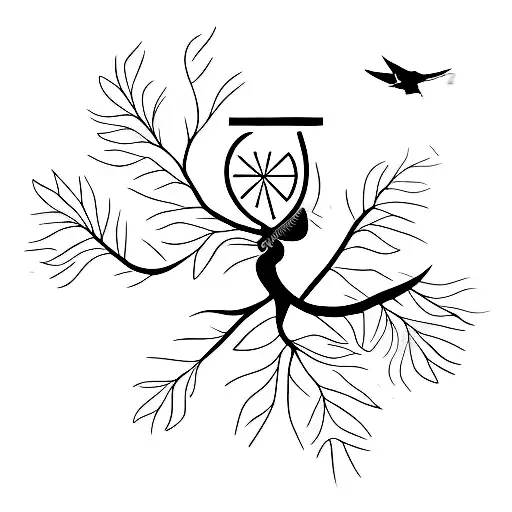 A Minimalist Tattoo Of A Pigeon Sitting On A Tree Branch With Leaves Shaped Like Pigeon Feathers