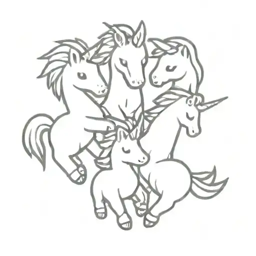 A Minimalist Design Of A Group Of Baby Unicorns Playing With Toys