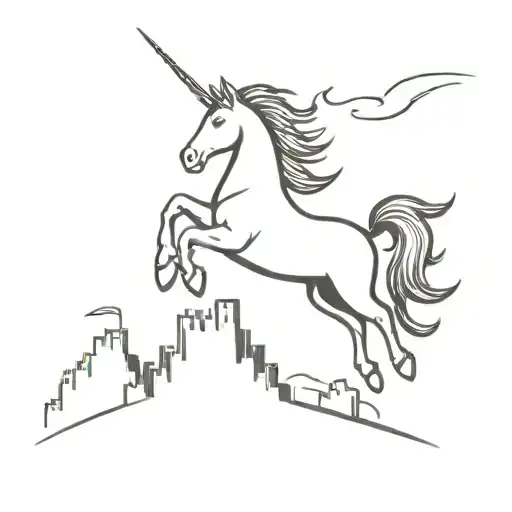 A Minimalist Silhouette Of A Unicorn Soaring Over A Castle At Sunset