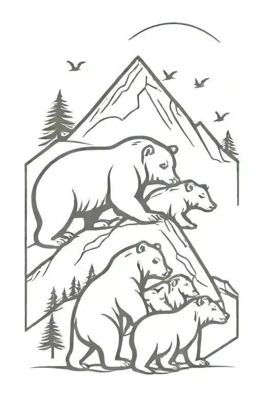 A Minimalist Tattoo Of A Family Of Bears Climbing A Mountain Together
