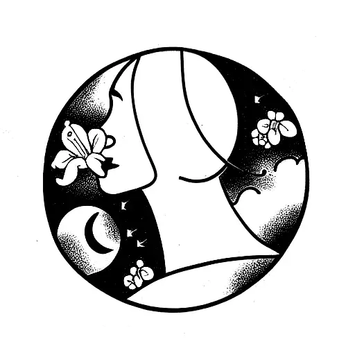 A Cresent Moon With Larkspur And Narcissus Around It