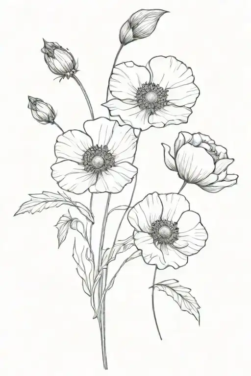 Violet Flower And Poppy Flower And Cosmo Flower And Rose Flower On A Stem