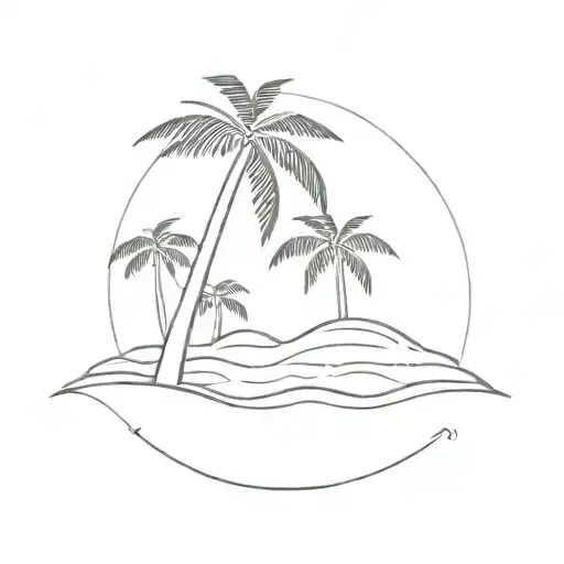 A Minimalist Design Of A Serene Beach Scene With Palm Trees And Waves