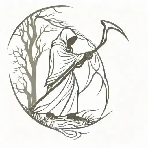 Reaper With Cloak And Long And Curved Scythe Standing Under A Tree Very Meek Simple