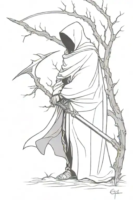 Reaper With Cloak And Long And Curved Scythe Standing Under A Tree Very Meek Simple