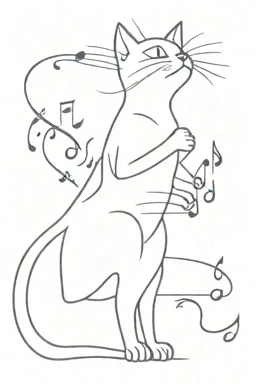 A Minimalist Tattoo Design Of A Black Cat Playing With Floating Musical Notes