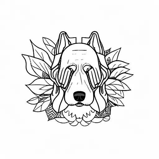 A Minimalist Tattoo Of A Dog Surrounded By Wildlife In A Black And White Setting