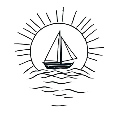 Bright Sun With Rays And A Sailing Boat