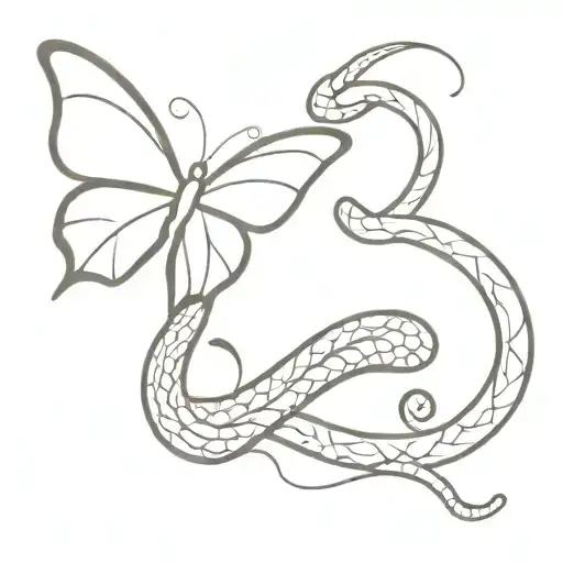 A Butterfly Flying Over A Snake Coiled