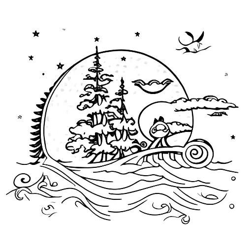 Sea Turtle With An Oak Tree And Wolf Bowling At The Moon