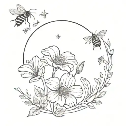 A Whimsical Scene Of Bees Pollinating A Field Of Dainty Hibiscus Flowers Under A Crescent Moon