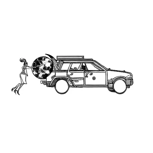 A Silhouette Of A Girl Pushing A Huge Detailed Moon In Her Car Trunk