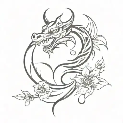 Dragon And Flowers Tribal Tattoo Featuring