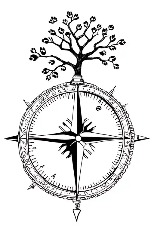 Compass With Paw Prints And An Old Oak Tree
