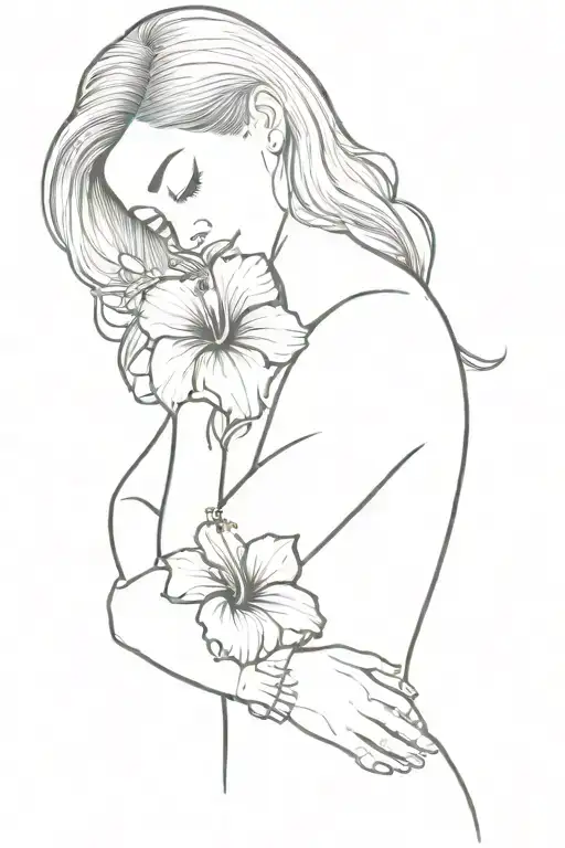 Fine Line Woman Hugging Herself Combined With Hibiscus Flower