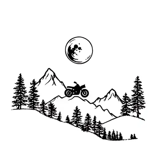 A Motocycle Under The Moon And On The Mountains Which Has Lots Of Trees