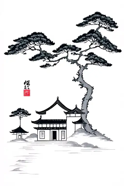 Pine Tree With Korean Hanok Traditional House